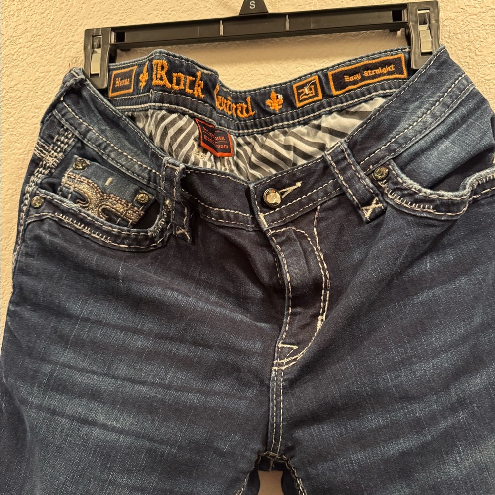 Rock Revival Dark Indigo Straight Jeans with White Topstitching